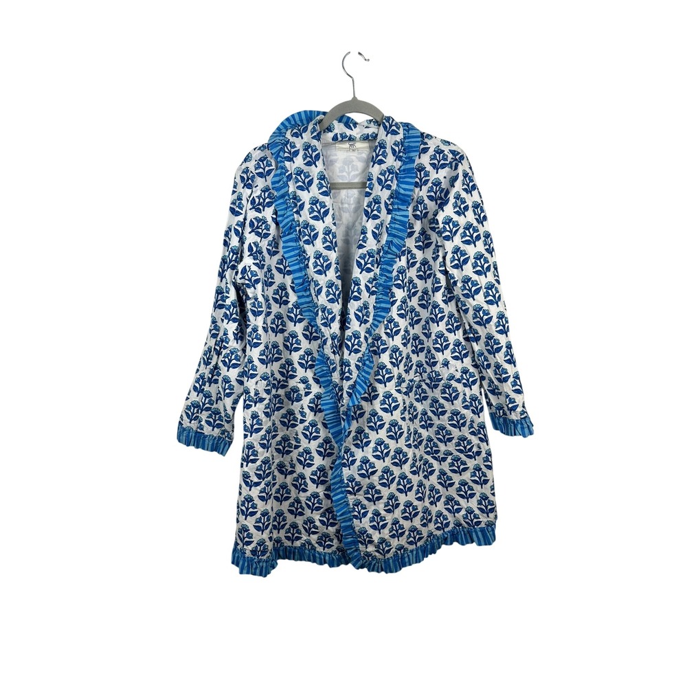 Printfresh Robe Women S/M Blue White Floral Block Print Excellent Ruffle Trim